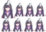  :d :o =_= absurdres ahoge bangs black_hair black_sailor_collar blush_stickers closed_eyes closed_mouth d: diagonal_bangs empty_eyes expressions highres jitome long_hair looking_at_viewer multiple_views neckerchief open_mouth original purple_eyes raglan_sleeves red_neckwear sailor_collar school_uniform serafuku shirt smile tama_(tama-s) tearing_up triangular_headpiece white_shirt wide-eyed yurako-san_(tama) 