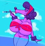  2018 anthro big_breasts bikini breasts canine cigarette cigarette_holder cleavage clothed clothing cloud digital_media_(artwork) dog female fingernails fur hair headscarf holding_object huge_breasts lipstick looking_at_viewer makeup mammal mature_female navel pink_eyes pinup poodle pose purple_fur purple_hair raised_arm renee_(kmorrisoncartoons) short_hair skimpy sky smoke smoking smutbooru solo standing swimsuit water 