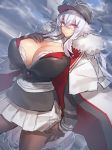  azur_lane breasts brown_gloves brown_legwear cleavage cloud cloudy_sky commentary_request cowboy_shot dutch_angle eyebrows_visible_through_hair fur-trimmed_jacket fur_trim gigantic_breasts gloves graf_zeppelin_(azur_lane) hand_on_own_chest hat highres jacket jacket_on_shoulders long_hair long_sleeves looking_at_viewer melon22 miniskirt pantyhose parted_lips peaked_cap pleated_skirt purple_eyes skirt sky solo standing white_hair 