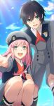  1girl bangs beret black_hair blue_sky cloud cloudy_sky commentary_request couple darling_in_the_franxx day flower hand_up hat hetero highres hiro_(darling_in_the_franxx) holding holding_flower long_hair military military_uniform mizu_no necktie petals pink_hair red_neckwear sky socks squatting uniform zero_two_(darling_in_the_franxx) 
