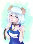  animal_ears arms_up bangs belt belt_around_neck belt_collar blue_eyes blue_swimsuit breasts brown_belt closed_mouth commentary competition_swimsuit date_a_live dog_ears english_commentary frown hair_between_eyes hair_ornament hairclip highres lips looking_at_viewer medium_breasts name_tag one-piece_swimsuit paw_pose school_swimsuit shari_cote solo swimsuit tobiichi_origami white_hair 