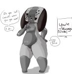  2018 animate_inanimate anthro beady_eyes belly blush bunihud canine deep_navel dialogue digital_media_(artwork) dog english_text eyelashes female flat_chested floppy_ears front_view greyscale half-closed_eyes male mammal monochrome nintendo nintendo_switch nude pussy short_stack simple_background slightly_chubby smile solo speech_bubble standing switch_dog teeth text thick_thighs tongue video_games white_background wide_hips 