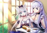  :t absurdres azur_lane bangs bare_shoulders belfast_(azur_lane) blue_dress blue_eyes blush breasts broken broken_chain chain choker cleavage closed_mouth coffee collarbone commentary_request cup day detached_sleeves dress eating eyebrows_visible_through_hair fork fork_in_mouth hammann_(azur_lane) highres holding holding_fork holding_tray indoors long_hair maid maid_headdress medium_breasts multiple_girls muu_rin puffy_short_sleeves puffy_sleeves purple_eyes purple_hair red_choker remodel_(azur_lane) saucer short_sleeves silver_hair sleeveless sleeveless_dress smile sunlight teacup tray tree very_long_hair window 