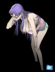  absurdres bad_id bad_twitter_id bangs bare_arms bare_legs bare_shoulders bent_over black_background breasts camisole cleavage closed_eyes glasses hair_behind_ear hair_tucking highres huge_breasts jusjusojus leaning_forward long_hair nipple_slip nipples no_feet original purple_hair shorts simple_background solo 