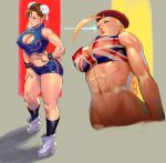  abs ahoge alternate_costume antenna_hair bare_shoulders beret black_legwear blonde_hair blue_shorts boots bracelet braid breasts brown_eyes brown_hair bun_cover cammy_white chinese_clothes chun-li cleavage cleavage_cutout covered_nipples crop_top double_bun earrings fingernails from_below garrison_cap green_eyes hand_on_hip hand_on_own_thigh hat high_heel_boots high_heels huge_ahoge jewelry large_breasts multiple_girls muscle navel pink_lips rejean_dubois shirt short_shorts shorts single_braid sleeveless sleeveless_shirt spiked_bracelet spikes stomach street_fighter thick_thighs thighs white_footwear 