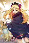 absurdres bangs birdcage black_cape black_legwear blonde_hair bow cage cape chain closed_mouth commentary_request dutch_angle earrings ereshkigal_(fate/grand_order) eyebrows_visible_through_hair fate/grand_order fate_(series) fur-trimmed_cape fur_trim hair_bow highres holding infinity jewelry long_hair looking_at_viewer looking_back makise_medaka parted_bangs purple_bow red_eyes smile solo thighhighs tiara two_side_up very_long_hair 