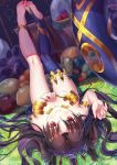  anklet armlet asymmetrical_legwear asymmetrical_sleeves bangs bare_shoulders black_hair breasts bridal_gauntlets detached_collar earrings elbow_gloves fate/grand_order fate_(series) food fruit gloves gold_trim hair_ribbon heavenly_boat_maanna highres hoop_earrings ishtar_(fate/grand_order) jewelry legs_up long_hair long_legs looking_at_viewer lying medium_breasts neck_ring on_back parted_bangs pelvic_curtain red_eyes ribbon single_elbow_glove single_thighhigh smile solo thighhighs tiara toeless_legwear toes traditional_media two_side_up upside-down watercolor_pencil_(medium) zha_yu_bu_dong_hua 