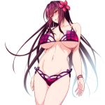  846-gou bikini blush bracelet breasts closed_mouth collarbone commentary_request cowboy_shot fate/grand_order fate_(series) flower hair_between_eyes hair_flower hair_intakes hair_ornament hibiscus highres jewelry large_breasts long_hair navel pink_bikini purple_bikini purple_hair red_eyes scathach_(fate)_(all) scathach_(swimsuit_assassin)_(fate) simple_background solo standing swimsuit white_background 
