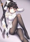  aiguillette azur_lane bangs black_hair blush bow commentary_request crossed_legs crotch_seam double-breasted eyebrows_visible_through_hair gloves hair_bow hair_flaps half_gloves hand_on_own_face highres katana knee_up looking_at_viewer military military_uniform no_shoes panties panties_under_pantyhose pantyhose pleated_skirt ponytail sheath sheathed skirt solo sword takao_(azur_lane) thighband_pantyhose underwear uniform weapon yellow_eyes yuurei_yashiki 