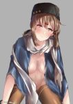  blue_shawl breasts brown_hair brown_legwear closed_mouth eyebrows_visible_through_hair grey_background hair_between_eyes hair_ornament hairclip hat juurouta kantai_collection large_breasts long_hair looking_at_viewer low_twintails navel papakha red_eyes scarf shawl simple_background smile solo tashkent_(kantai_collection) thighhighs twintails twitter_username white_scarf 
