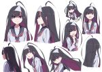  :d :o absurdres ahoge black_hair black_sailor_collar chibi closed_mouth expressions eyebrows_visible_through_hair eyes_visible_through_hair from_side ghost ghost_tail hand_up highres long_hair long_sleeves looking_at_viewer multiple_views neckerchief one_eye_closed open_mouth original purple_eyes red_neckwear sailor_collar school_uniform serafuku smile smirk tama_(tama-s) triangular_headpiece v-shaped_eyebrows yurako-san_(tama) 