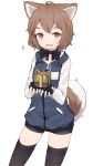  :d ahoge animal_ears black_bow black_gloves black_legwear bow bowtie box brown_eyes brown_hair commentary dog_ears dog_tail english_commentary fang fingerless_gloves gift gift_box gloves heart highres hood hood_down hoodie looking_at_viewer open_mouth original shone short_hair simple_background smile solo tail thighhighs white_background 