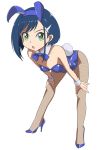  animal_ears bent_over blue_hair blue_leotard blue_neckwear bow bowtie breasts bunny_ears bunny_girl bunny_tail bunnysuit dark_blue_hair darling_in_the_franxx detached_collar fishnet_pantyhose fishnets full_body green_eyes hair_ornament hairclip highres ichigo_(darling_in_the_franxx) karasuke_d leotard looking_at_viewer open_mouth pantyhose short_hair simple_background small_breasts solo standing straight_hair strapless strapless_leotard tail white_background wrist_cuffs 