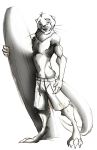  2009 4_toes anthro barefoot biped black_and_white claws clothed clothing digital_media_(artwork) digitigrade dragondrawer front_view full-length_portrait looking_at_viewer male mammal monochrome mustelid otter portrait simple_background smile smirk solo standing surfboard swimming_trunks swimsuit toe_claws toes topless whiskers white_background 