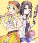  :d animal_bag bag bang_dream! bangs baseball_bat baseball_cap belt belt_buckle black_belt black_hair black_hat black_shirt blonde_hair blue_eyes blue_shorts blush breasts buckle closed_mouth clothes_writing commentary_request dress_shirt eyebrows_visible_through_hair hair_bobbles hair_ornament hairclip handbag hat holding holding_baseball_bat jacket long_hair looking_at_viewer midriff multicolored multicolored_clothes multicolored_skirt multiple_girls navel okusawa_misaki open_clothes open_jacket open_mouth pleated_skirt shirt short_shorts short_sleeves shorts shoulder_bag skirt small_breasts smile tied_shirt tiny_(tini3030) tsurumaki_kokoro twitter_username vertical-striped_jacket very_long_hair white_jacket white_shirt yellow_eyes 