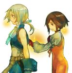  1girl black_hair blonde_hair bodysuit breasts brown_hair commentary_request final_fantasy final_fantasy_ix garnet_til_alexandros_xvii gloves kochimo orange_bodysuit partial_commentary ponytail short_hair white_background zidane_tribal 