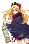  absurdres bangs birdcage black_cape black_legwear blonde_hair bow cage cape chain closed_mouth dutch_angle earrings ereshkigal_(fate/grand_order) eyebrows_visible_through_hair fate/grand_order fate_(series) fur-trimmed_cape fur_trim hair_bow highres holding infinity jewelry long_hair looking_at_viewer looking_back makise_medaka parted_bangs purple_bow red_eyes simple_background smile solo thighhighs tiara two_side_up very_long_hair white_background 