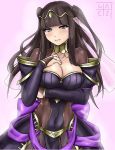  absurdres alternate_costume bangs black_hair blunt_bangs bodystocking bow breasts bridal_veil bride circlet cleavage commentary covered_navel cowboy_shot crying crying_with_eyes_open dress elbow_gloves fire_emblem fire_emblem_heroes geazs gloves grey_eyes hand_on_own_chest happy_tears highres jewelry large_breasts married necklace pelvic_curtain purple_bow ring shiny skin_tight smile strapless strapless_dress tears tharja tiara two_side_up veil wedding wedding_band wedding_dress 