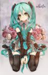  1girl aqua_eyes aqua_hair between_legs bouquet commentary detached_sleeves flower hair_ornament hand_between_legs hatsune_miku headset highres long_hair looking_at_viewer necktie rose sitting skirt smile solo takepon1123 thighhighs twintails very_long_hair vocaloid wariza 