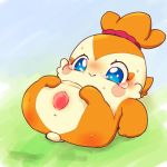  anthro anus avian blue_eyes blush blush_sticker cocotama female gaping gaping_pussy hi_res himitsu_no_cocotama lying nude on_back pussy sakaeguchi_okarina semi-anthro solo suei_(cocotama) sweat tears 