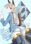  a9b_(louis814) absurdres ace_of_diamonds animal_ears ass blonde_hair blue_eyes dated eila_ilmatar_juutilainen eyebrows_visible_through_hair fox_ears fox_tail happy_birthday highres long_hair long_sleeves looking_at_viewer looking_back military military_uniform pantyhose solo strike_witches striker_unit tail uniform white_legwear world_witches_series 