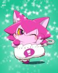  ! anthro clothed clothing cocotama ear_piercing eyelashes featureless_limbs feline female fur green_background hair hi_res himitsu_no_cocotama looking_at_viewer mammal one_eye_closed piercing pink_eyes pink_fur pink_hair pose semi-anthro simple_background solo ten wink yurano_(cocotama) 