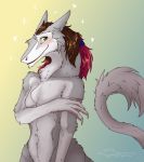  &lt;3 blush brown_hair claws female flat_chested fur green_eyes grey_fur hair holding_arm looking_at_viewer nude ponytail sergal shy smile solo sunny_way 
