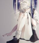  absurdres androgynous blurry eyes_visible_through_hair gem_uniform_(houseki_no_kuni) ghost_quartz_(houseki_no_kuni) glowing glowing_hair grey_background grey_hair head_on_knees highres houseki_no_kuni knees_to_chest long_hair natsukaze_(mizuh20) silver_hair sitting smile solo sparkle suspenders white_eyes white_hair 