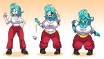  2018 big_breasts black_sclera blue_hair blush breast_expansion breasts bulma_brief cake clothed clothing eating female food gradient_background hair happy human human_to_humanoid humanoid long_hair majin mammal nipple_bulge open_mouth prinnydood sequence shortstack shrinking simple_background solo standing surprise tongue tongue_out transformation wide_hips 