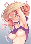  1girl ahoge armpits arms_up blush breasts embarrassed fate/grand_order fate_(series) fujimaru_ritsuka_(female) hair_ornament hair_scrunchie highres medium_breasts nipples one_side_up open_mouth orange_eyes orange_hair scrunchie short_hair solo sweat tank_top undressing wisespeak yellow_scrunchie 