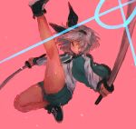  alternate_costume bare_legs black_bow bow closed_mouth commentary_request dual_wielding green_shorts grey_eyes grey_hair hair_bow hair_over_one_eye hair_ribbon highres holding holding_sword holding_weapon jacket katana kicking konpaku_youmu long_sleeves looking_at_viewer masanaga_(tsukasa) pink_background ribbon shirt shoes short_hair shorts sketch sneakers solo sword touhou track_jacket weapon 