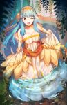  ;d aqua_hair artist_name bare_shoulders breasts bridal_gauntlets bride cleavage covered_navel dress fire_emblem fire_emblem:_rekka_no_ken fire_emblem_heroes full_body hair_ornament large_breasts long_hair mamkute ninian one_eye_closed open_mouth partially_submerged red_eyes sidelocks signature skirt_hold smile solo standing streya wading wedding_dress 
