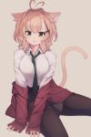  :d animal_ears bangs between_breasts black_legwear black_skirt blush breasts brown_background cardigan cat_ears cat_girl cat_tail collared_shirt eyebrows_visible_through_hair green_eyes green_neckwear hair_between_eyes light_brown_hair long_sleeves looking_at_viewer medium_breasts natsuki_teru necktie necktie_between_breasts nekomiya_ryuu open_mouth original pantyhose pleated_skirt red_cardigan shirt simple_background sitting skirt sleeves_past_wrists slit_pupils smile solo tail white_shirt 