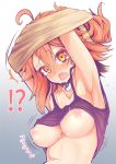 1girl ahoge armpits arms_up blush breasts embarrassed fate/grand_order fate_(series) fujimaru_ritsuka_(female) hair_ornament hair_scrunchie highres looking_at_viewer medium_breasts nipples one_side_up open_mouth orange_eyes orange_hair scrunchie short_hair solo sweat tank_top undressing wavy_mouth wisespeak yellow_scrunchie 