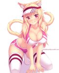  &gt;:) :q animal_ears artist_self-insert bare_shoulders blonde_hair blush breasts cat_ears cat_tail cleavage collarbone covered_nipples eyebrows_visible_through_hair fast-runner-2024 highres large_breasts long_hair looking_at_viewer no_shoes original red_eyes short_shorts shorts simple_background sleeveless slit_pupils smile solo sportswear tail tank_top thighhighs tiffy tongue tongue_out visor_cap white_background white_legwear 