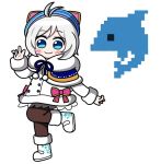  animal_ears animal_hat antenna_hair bangs blue_capelet blue_eyes blue_hat blush brown_legwear capelet cat_ears cat_hat closed_mouth coat commentary_request dennou_shoujo_youtuber_shiro dolphin eyebrows_visible_through_hair fakkuma fur-trimmed_boots fur-trimmed_capelet fur-trimmed_coat fur-trimmed_sleeves fur_trim hat long_sleeves pantyhose pixel_art shiro_(dennou_shoujo_youtuber_shiro) silver_hair simple_background smile solo standing standing_on_one_leg virtual_youtuber white_background white_coat white_footwear 