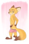  2018 anthro barefoot bedroom_eyes boxer_briefs butt canine clothed clothing dipstick_ears dipstick_tail disney fox fuel_(artist) gloves_(marking) green_eyes half-closed_eyes hands_on_hips looking_at_viewer looking_back male mammal markings multicolored_tail nick_wilde rear_view seductive simple_background skimpy smile smirk socks_(marking) solo standing topless underwear zootopia 