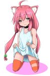  ahoge animal_ears ass_visible_through_thighs blue_eyes blush cat_ears commentary_request hair_bobbles hair_ornament hinata_channel hinomoto_(hinomoto2) kneeling lifted_by_self long_hair low_twintails naked_shirt nekomiya_hinata open_mouth orange_legwear pink_hair shirt shirt_lift smile solo striped striped_legwear thighhighs twintails vest vest_lift virtual_youtuber white_vest 