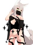  absurdres animal_ears black_panties breasts corset eyebrows_visible_through_hair green_eyes grey_hair hand_in_hair hand_up highres legs_apart long_hair mask medium_breasts navel nezuko ninja_mask original panties simple_background slit_pupils solo standing tail underwear white_background 