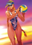  antenna_hair ass_visible_through_thighs ball blonde_hair blue_eyes braid breasts cammy_white camouflage_print capcom collarbone commentary cover_image dusk english_commentary highleg highleg_swimsuit highres lips long_hair one-piece_swimsuit robert_porter scar small_breasts solo street_fighter swimsuit thick_thighs thighs toned twin_braids very_long_hair visor_cap volleyball 