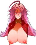  ahoge areolae blue_eyes blush breasts breasts_outside cleavage closed_mouth commentary_request detached_collar embarrassed esouko facial_scar fate/grand_order fate_(series) francis_drake_(fate) huge_breasts jacket long_hair nipples no_bra pink_hair red_jacket scar sidelocks solo sweatdrop upper_body very_long_hair 