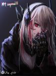  bandages bangs black_background breasts chromatic_aberration cleavage commentary_request girls_frontline hand_to_own_mouth headgear highres jacket litz_pics long_hair looking_at_viewer m4_sopmod_ii_(girls_frontline) multicolored_hair prosthesis prosthetic_arm red_eyes silver_hair solo streaked_hair twitter_username 