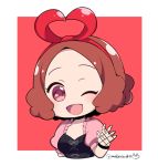  :d ;d blush brown_eyes brown_hair chibi commentary_request corset do_m_kaeru fishnet_gloves fishnets gloves hair_ribbon heart_ribbon okumura_haru one_eye_closed open_mouth persona persona_5 persona_5:_dancing_star_night persona_dancing ribbon short_hair smile solo twitter_username upper_body 