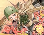  blonde_hair dual_wielding explosion fukaziroh_(sao) gloves grenade_launcher gun hair_bun helmet highres holding jacket knife_in_hair mgl-140 rightony_&amp;_leftania sword_art_online sword_art_online_alternative:_gun_gale_online trench_knife weapon 