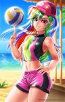  1girl bare_shoulders baseball_cap beach blonde_hair blue_hair breasts cowboy_shot day glowing green_hair grin hair_between_eyes hand_on_hip hat jewelry long_hair looking_at_viewer medium_breasts midriff multicolored_hair my_little_pony my_little_pony_friendship_is_magic navel necklace ocean orange_hair outdoors personification pink_shorts purple_eyes purple_hair racoon-kun rainbow_dash rainbow_hair red_hair shirt shorts sky sleeveless sleeveless_shirt smile solo volleyball watermark web_address 