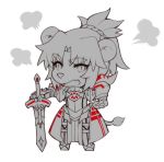  =3 animal_ears armor armored_dress bangs chibi clarent fang fate_(series) full_body lion_ears lion_tail looking_at_viewer mordred_(fate) mordred_(fate)_(all) open_mouth parted_bangs ponytail scrunchie solo sword tail weapon white_background yorukun 