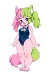  :3 absurdres animal_ears breasts cameltoe covered_nipples eyebrows fang full_body furry green_hair highres multicolored_hair name_tag one-piece_swimsuit open_mouth original pink_hair purple_hair school_swimsuit seitarou smile solo swimsuit twintails two-tone_hair 