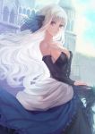  arm_warmers bare_shoulders black_dress blue_eyes breasts castle cleavage cowboy_shot dress expressionless gwendolyn kokouno_oyazi layered_dress long_hair looking_at_viewer medium_breasts odin_sphere solo strapless strapless_dress white_hair 