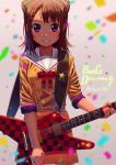  bang_dream! bangs blush brown_dress brown_hair checkered commentary_request confetti copyright_name dress electric_guitar grin guitar hair_ornament hanasakigawa_school_uniform holding holding_instrument instrument looking_at_viewer medium_hair neck_ribbon poligon_(046) purple_eyes red_neckwear ribbon sailor_dress school_uniform shaded_face sleeves_folded_up smile solo star star_hair_ornament toyama_kasumi twitter_username 