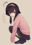  :o ahoge bangs black_footwear black_hair black_legwear black_skirt blush brown_background brown_eyes cardigan eyebrows_visible_through_hair full_body hair_between_eyes hairband loafers long_hair long_sleeves looking_at_viewer looking_to_the_side natsuki_teru open_mouth original pink_cardigan pleated_skirt shikibe_ayaka shoes simple_background skirt sleeves_past_wrists solo squatting thighhighs translation_request v-shaped_eyebrows 